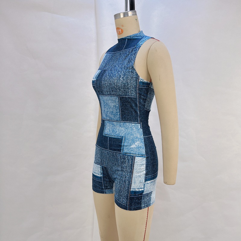 OM-2025 Summer New Casual Sleeveless Denim Printed Waist-cinching and Butt-lifting Jumpsuit
